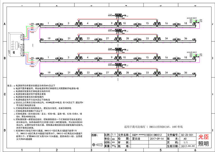 DMX512洗墙灯接线图